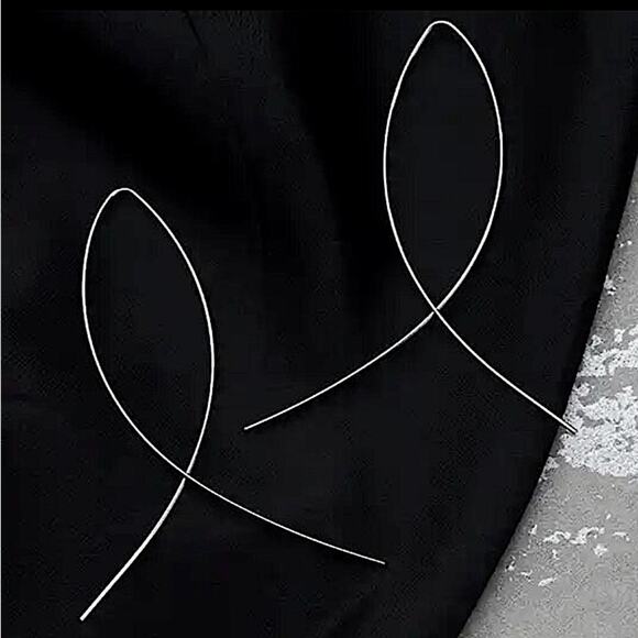 Silver Oval Hoop Threader Earrings, Fish, Punk, Minimalist - Picture 3 of 5